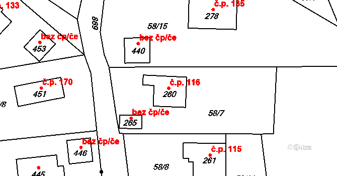 Tři Sekery 116 na parcele st. 260 v KÚ Tři Sekery u Kynžvartu, Katastrální mapa