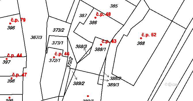 Kačice 43 na parcele st. 388/1 v KÚ Kačice, Katastrální mapa
