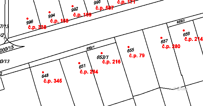 Žabčice 216 na parcele st. 653/1 v KÚ Žabčice, Katastrální mapa