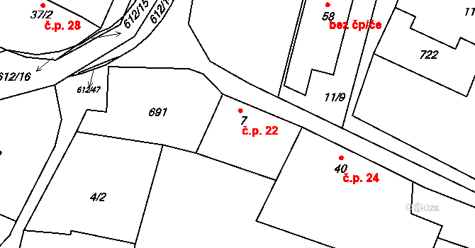 Lhotka 22, Kostelany na parcele st. 7 v KÚ Lhotka u Kroměříže, Katastrální mapa