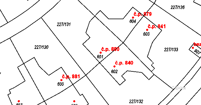 Švermov 880, Kladno na parcele st. 601 v KÚ Hnidousy, Katastrální mapa