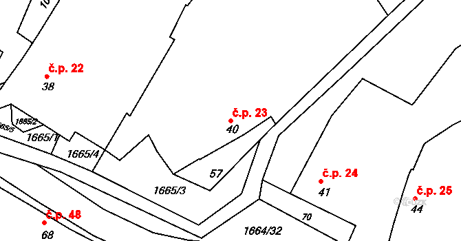 Měrunice 23 na parcele st. 40 v KÚ Měrunice, Katastrální mapa