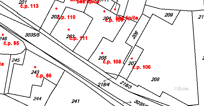 Sedlčany 108 na parcele st. 205 v KÚ Sedlčany, Katastrální mapa