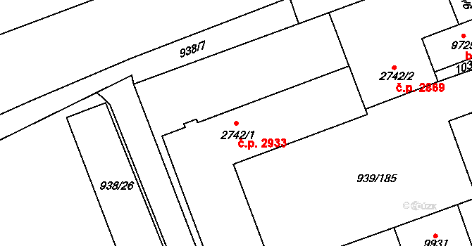 Hodonín 2933 na parcele st. 2742/1 v KÚ Hodonín, Katastrální mapa