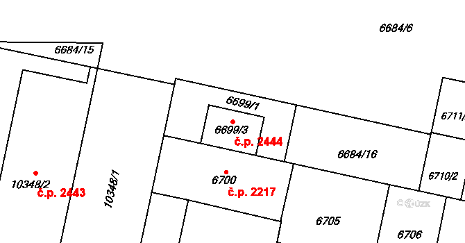Jižní Předměstí 2444, Plzeň na parcele st. 6699/3 v KÚ Plzeň, Katastrální mapa