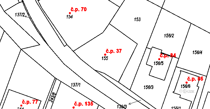 Hvozdec 37 na parcele st. 155 v KÚ Hvozdec u Veverské Bítýšky, Katastrální mapa