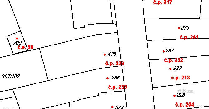 Čebín 329 na parcele st. 438 v KÚ Čebín, Katastrální mapa