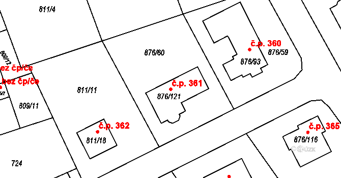 Stonařov 361 na parcele st. 876/121 v KÚ Stonařov, Katastrální mapa