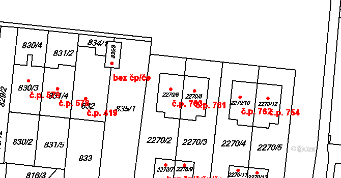Bohunice 763, Brno na parcele st. 2270/6 v KÚ Bohunice, Katastrální mapa