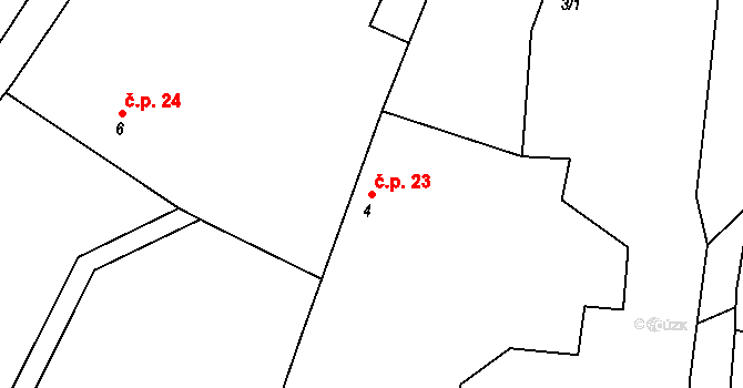 Tichonice 23 na parcele st. 4 v KÚ Tichonice, Katastrální mapa