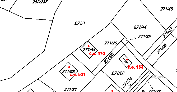 Tušimice 170, Kadaň na parcele st. 271/84 v KÚ Tušimice, Katastrální mapa