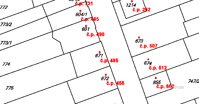 Tlumačov 495 na parcele st. 671 v KÚ Tlumačov na Moravě, Katastrální mapa