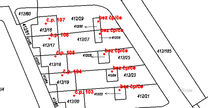 Račetice 39135365 na parcele st. 412/26 v KÚ Račetice, Katastrální mapa