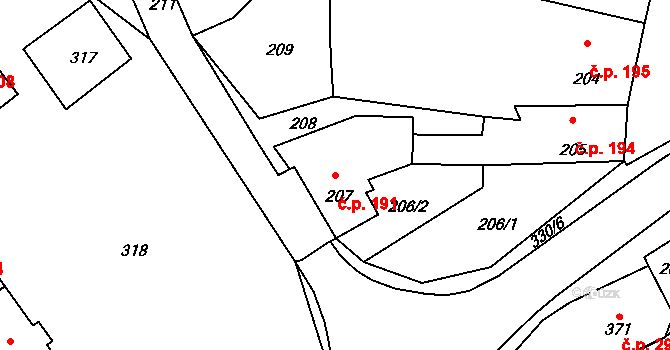 Chřibská 191 na parcele st. 207 v KÚ Chřibská, Katastrální mapa