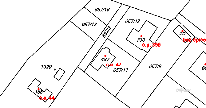 Hlubočinka 47, Sulice na parcele st. 487 v KÚ Sulice, Katastrální mapa