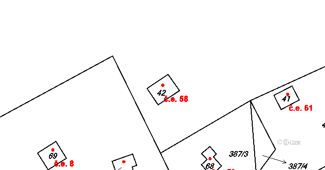Hosov 58, Jihlava na parcele st. 42 v KÚ Hosov, Katastrální mapa