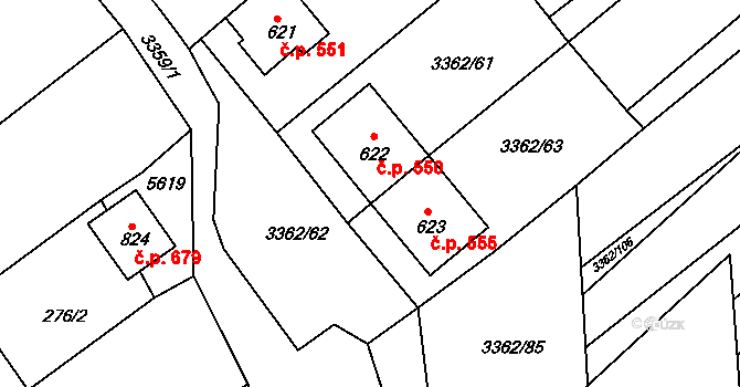 Jalubí 550 na parcele st. 622 v KÚ Jalubí, Katastrální mapa