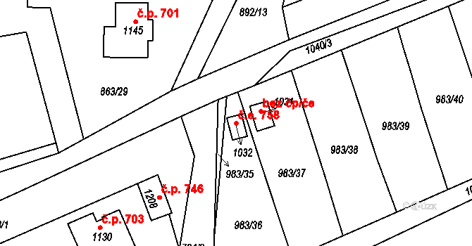 Bohosudov 758, Krupka na parcele st. 1032 v KÚ Bohosudov, Katastrální mapa