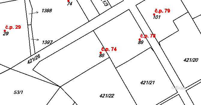 Dušejov 74 na parcele st. 88 v KÚ Dušejov, Katastrální mapa
