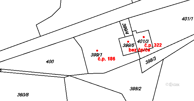 Dolní Žukov 186, Český Těšín na parcele st. 399/1 v KÚ Dolní Žukov, Katastrální mapa
