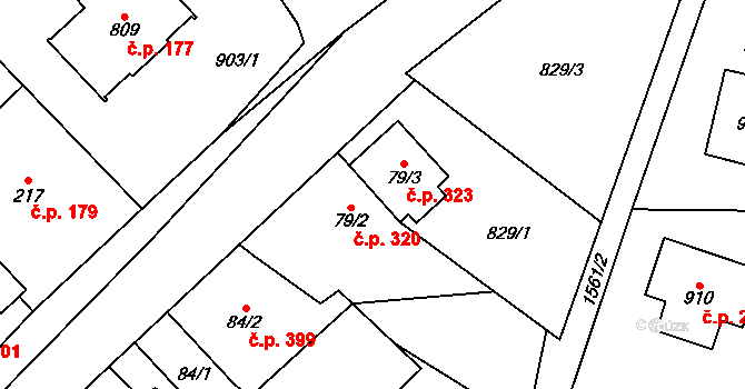 Hanušovice 323 na parcele st. 79/3 v KÚ Hanušovice, Katastrální mapa