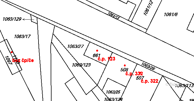 Kamenné Žehrovice 123 na parcele st. 661 v KÚ Kamenné Žehrovice, Katastrální mapa