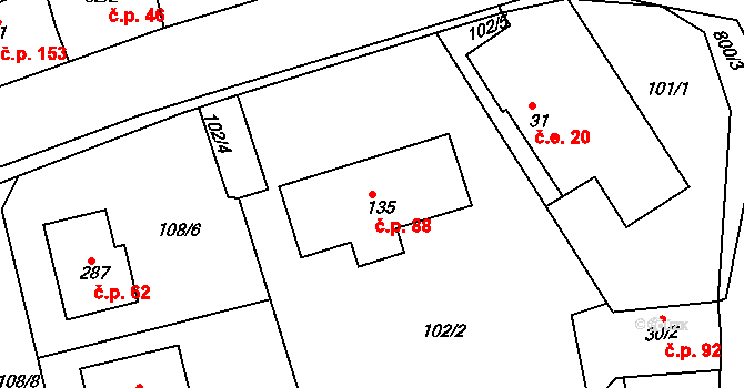 Březina 88 na parcele st. 135 v KÚ Březina u Rokycan, Katastrální mapa