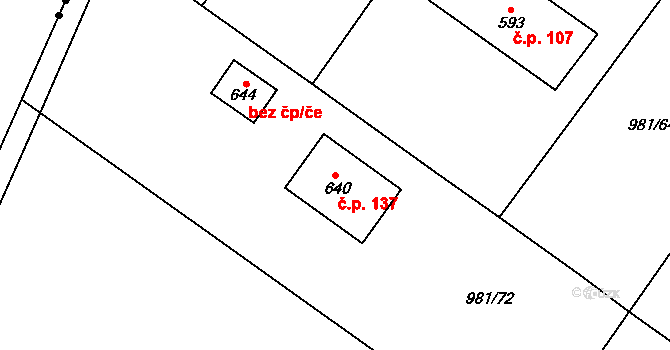 Bělušice 137 na parcele st. 640 v KÚ Bělušice, Katastrální mapa