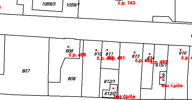 Podbořany 460 na parcele st. 610 v KÚ Podbořany, Katastrální mapa