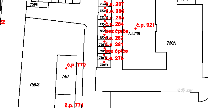 Podbořany 280 na parcele st. 750/12 v KÚ Podbořany, Katastrální mapa
