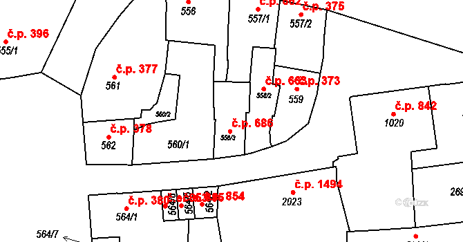 Žatec 686 na parcele st. 558/3 v KÚ Žatec, Katastrální mapa