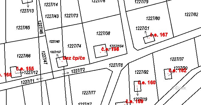 Vejprnice 198 na parcele st. 1227/104 v KÚ Vejprnice, Katastrální mapa