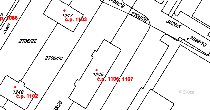 Bystřice pod Hostýnem 1106,1107 na parcele st. 1245 v KÚ Bystřice pod Hostýnem, Katastrální mapa