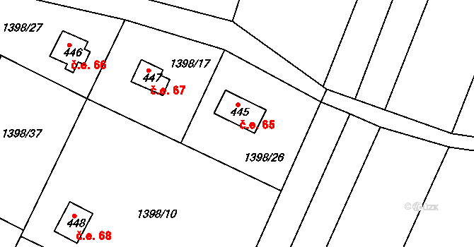 Jevišovice 65 na parcele st. 445 v KÚ Jevišovice, Katastrální mapa