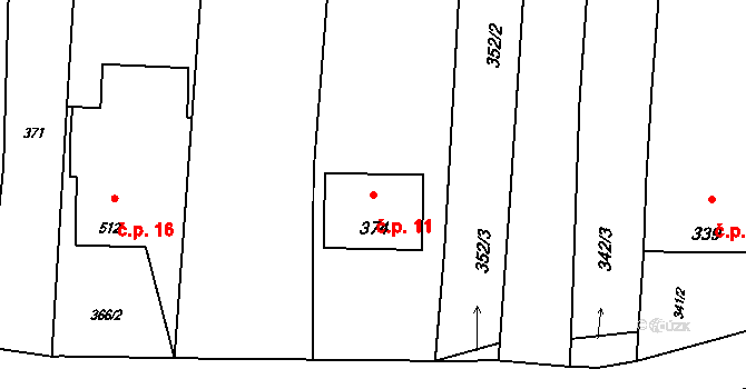Hranice V-Rybáře 11, Hranice na parcele st. 374 v KÚ Drahotuše, Katastrální mapa