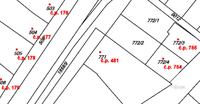 Šardice 481 na parcele st. 771 v KÚ Šardice, Katastrální mapa