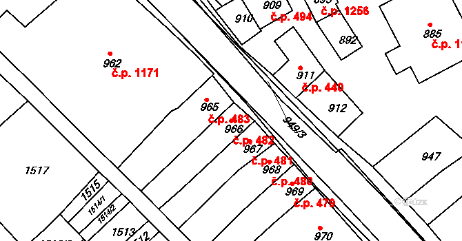 Rousínov 482 na parcele st. 966 v KÚ Rousínov u Vyškova, Katastrální mapa
