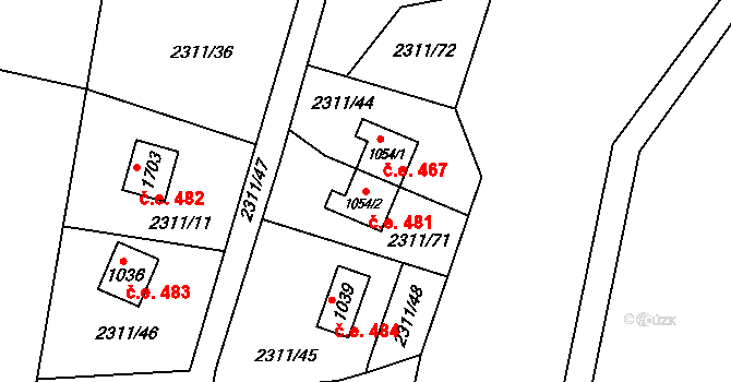 Kunčice pod Ondřejníkem 481 na parcele st. 1054/2 v KÚ Kunčice pod Ondřejníkem, Katastrální mapa