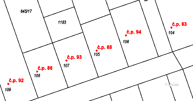 Hořešovice 85 na parcele st. 105 v KÚ Hořešovice, Katastrální mapa