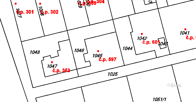 Libušín 597 na parcele st. 1045 v KÚ Libušín, Katastrální mapa