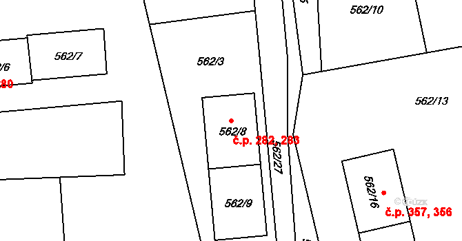 Dolany 282,283 na parcele st. 562/8 v KÚ Dolany u Olomouce, Katastrální mapa