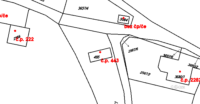 Rožnov pod Radhoštěm 443 na parcele st. 495 v KÚ Rožnov pod Radhoštěm, Katastrální mapa
