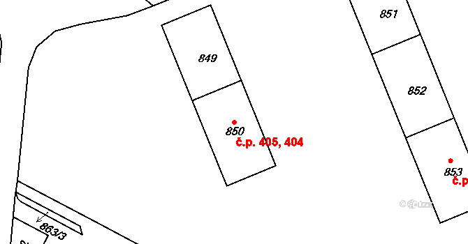 Miřetice u Klášterce nad Ohří 404,405, Klášterec nad Ohří na parcele st. 850 v KÚ Miřetice u Klášterce nad Ohří, Katastrální mapa