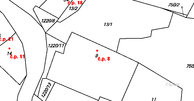 Račerovice 8, Třebíč na parcele st. 9 v KÚ Račerovice, Katastrální mapa