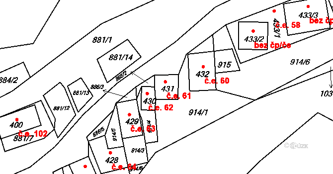 Chvalovice 61 na parcele st. 431 v KÚ Chvalovice, Katastrální mapa