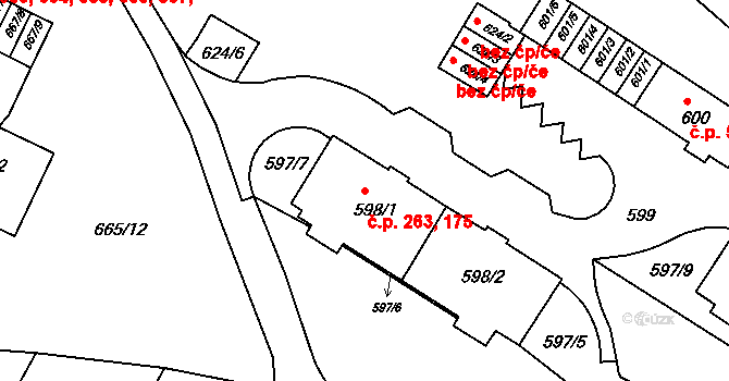 Pisárky 175,263, Brno na parcele st. 598/1 v KÚ Pisárky, Katastrální mapa
