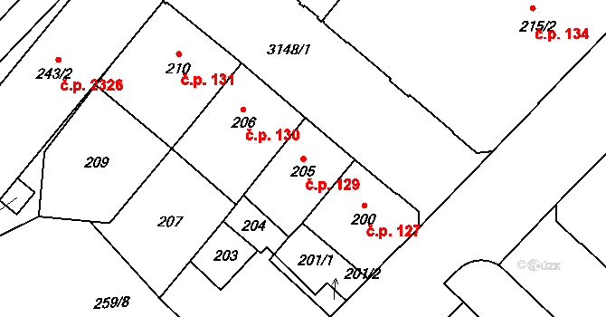 Místek 129, Frýdek-Místek na parcele st. 205 v KÚ Místek, Katastrální mapa