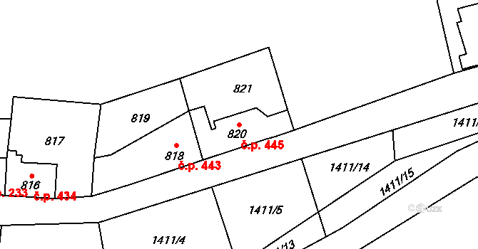 Řeporyje 445, Praha na parcele st. 820 v KÚ Řeporyje, Katastrální mapa