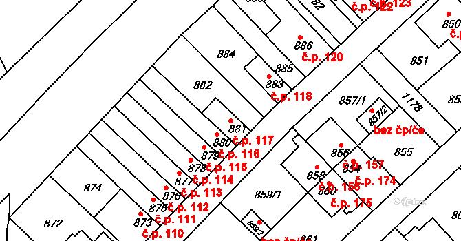 Prosek 117, Praha na parcele st. 881 v KÚ Prosek, Katastrální mapa