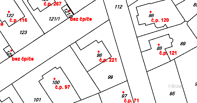 Malešice 221, Praha na parcele st. 98 v KÚ Malešice, Katastrální mapa